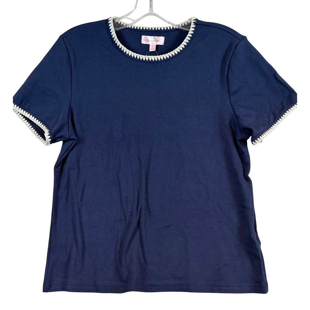 NWT Teddi Rose Navy Blue Short Sleeve Top Crochet Trim Crew Neck •S• Layering